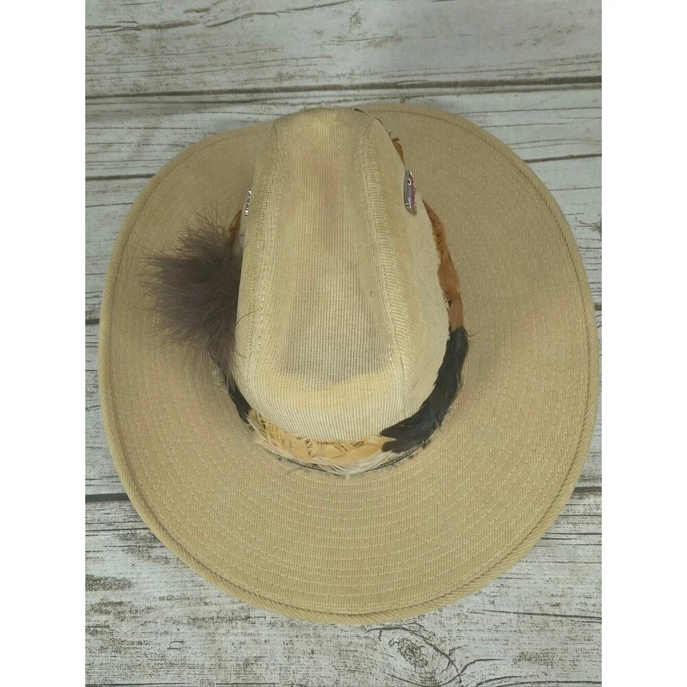 Vintage Lanning Tan Corduroy Feather Cowboy Hat Size Medium
